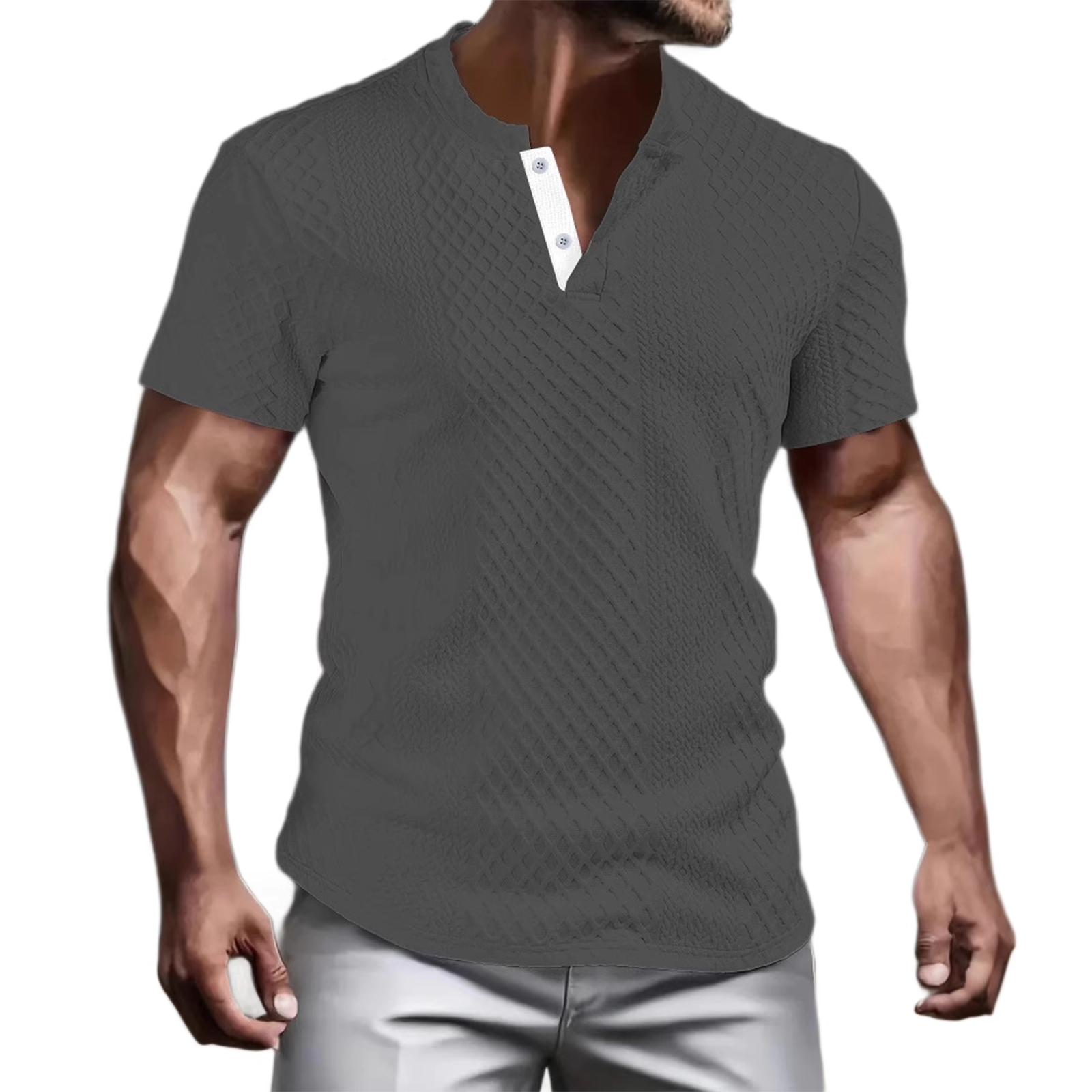 Мужская летняя повседневная однотонная тканевая футболка с круглым вырезом открытой трубкой и пуговицами с коротким рукавом XXXL 2160₽