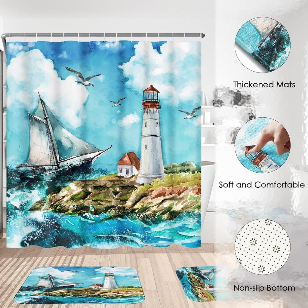 4 Pcs Shower Curtain Sets, Boat Lighthouse Ocean Waterproof Blue Bathroom Sets with Non-Slip Rugs, Toilet Lid Cover and Bath Mat, Accessories Modern