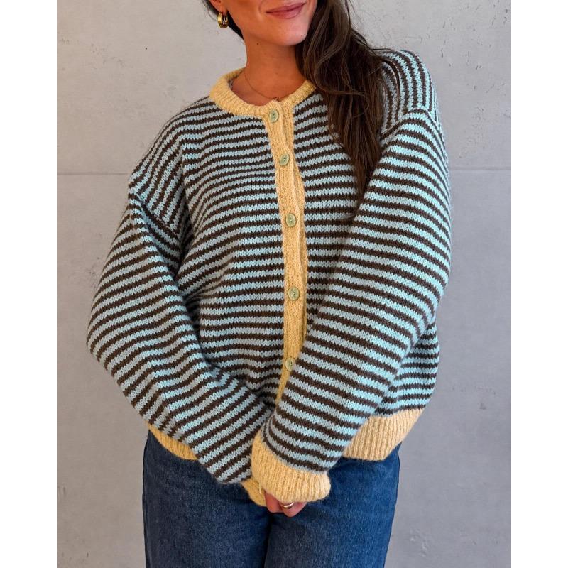 Cardigan lavorato a maglia a righe da donna con scollo rotondo, maglione casual a cappotto
