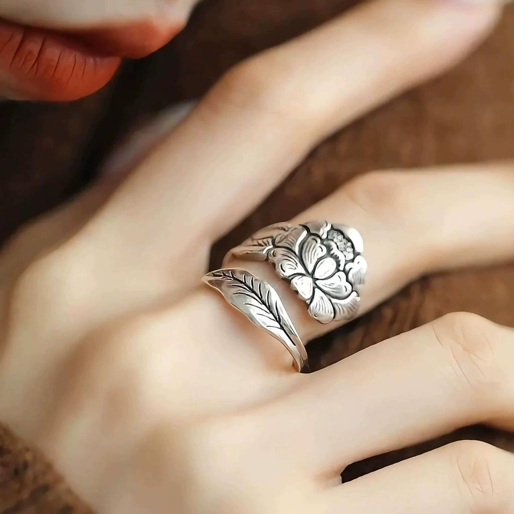 925  Silver small leaves micro-insert opening ring simple fashion sweet temperament leaf ornaments