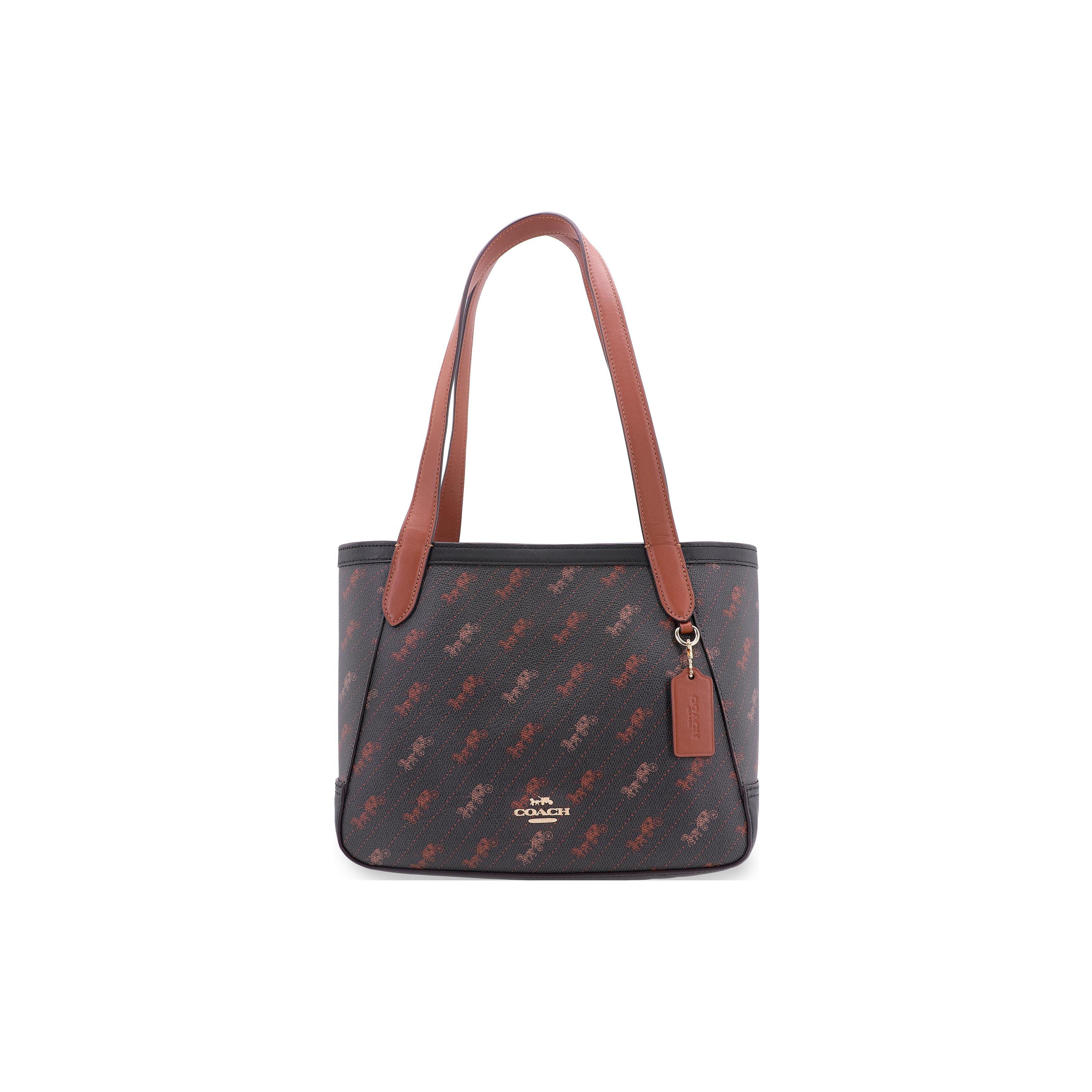 

Coach Black Horse & Carriage Print Tote Bag With Brown Leather Trim & Gold Hardware For Daily Work Basic Set (Bag+Dust Bag)