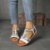 Fashion 2025 European and American Large-sized Thick-soled Sandal for Women, One-line Color Bohemian-style Woven Wedge Heel Beach Shoes