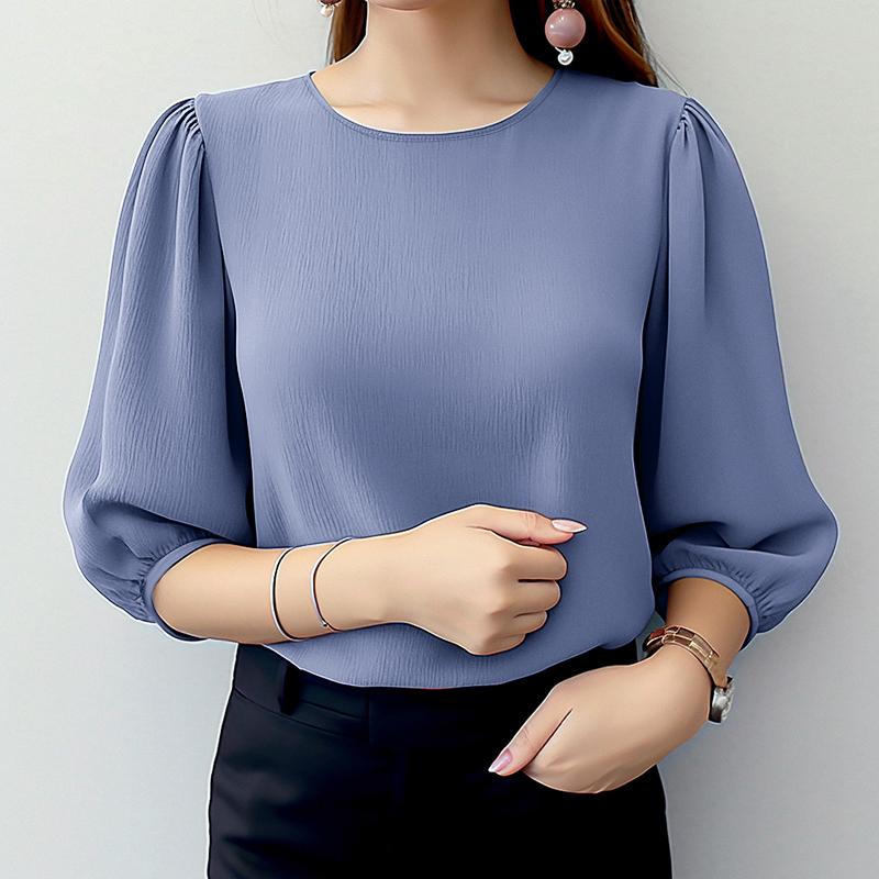 ZANZEA Womens Casual Round Neck Solid Color 3/4 Sleeve Blouse