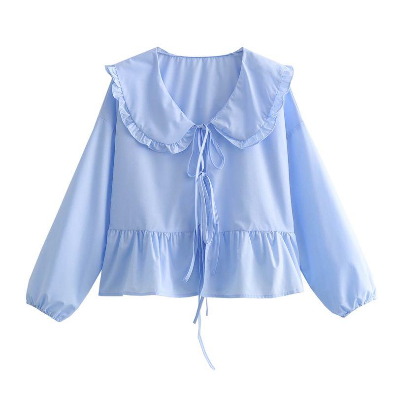 

Kaslead New Arrival Women s Clothing Fashion Style Fashion Casual Easiest for Match 3 Color Doll Collar Lace Shirt Tops Blue L