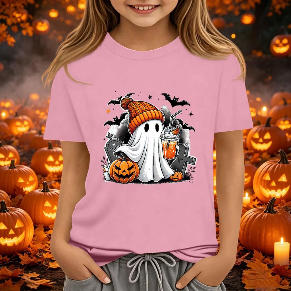 Kids' Halloween Printed Short Sleeve Neck T-Shirt, Loose Fit Top