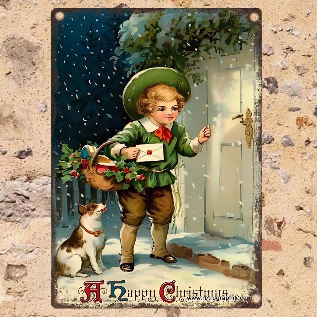 Weihnachts-Blechschild 2D Flache Wanddeko Metallplatte Hängendes Ornament Mädchen