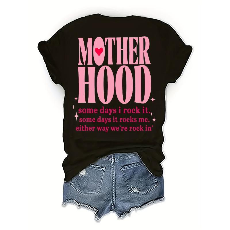 Womens Mothers Day Mother Hood Letter Print Crew Neck Short Sleeve Casual T Shirt Spring Summer Top
