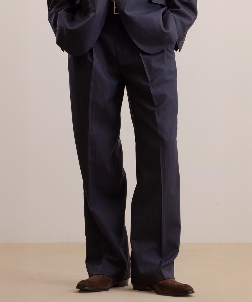 Beideu Wool Double Pleated Tailored Trousers Navy Stripe