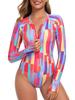 Colorful Block Large Long Chest Half Zip One Piece S [RELLECIGA] Women's Swimsuit, Size, Sleeves, Pad, Swimwear, Swimsuit, Size