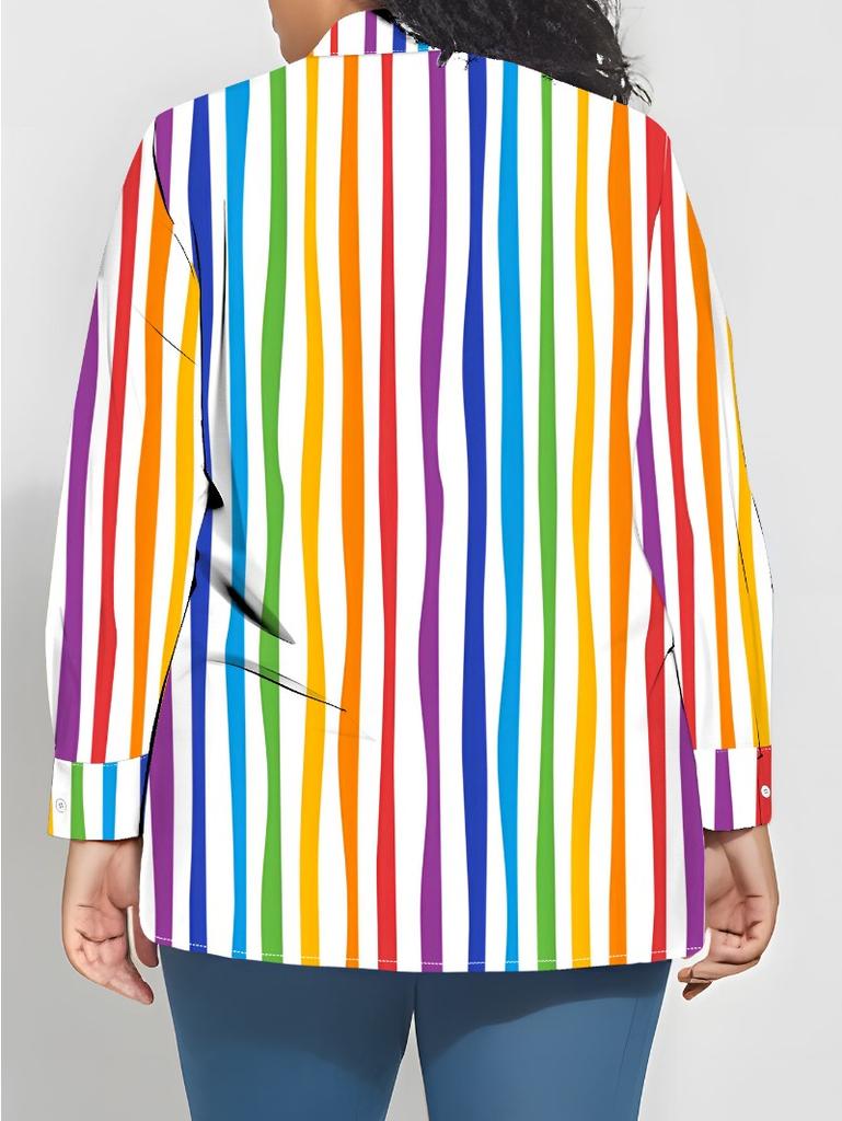 Plus size women's long-sleeved shirt colorful striped loose printed shirt colorful vertical stripes