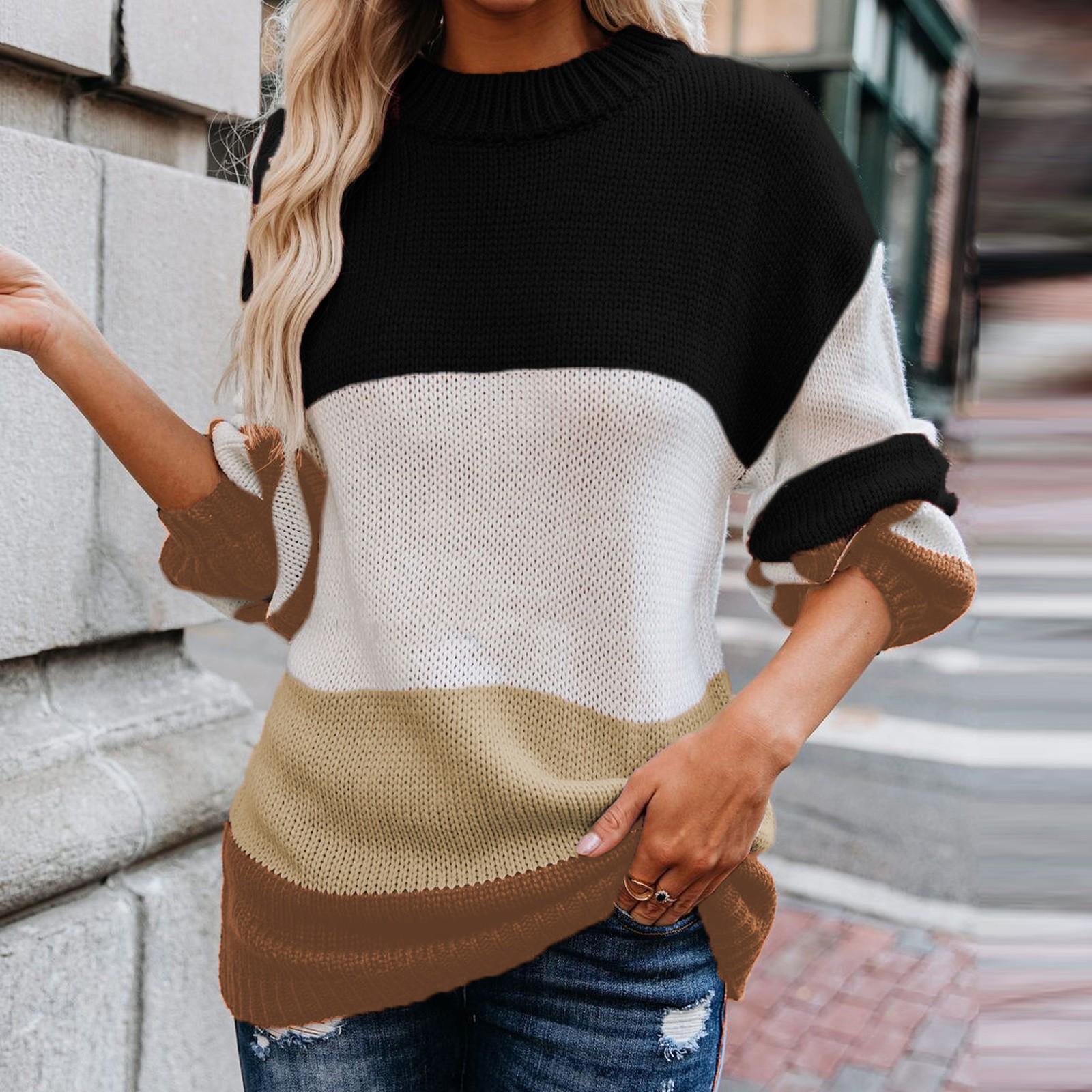 

Женский повседневный свободный свитер в полоску с цветными блоками, большой размер, круглый вырез L