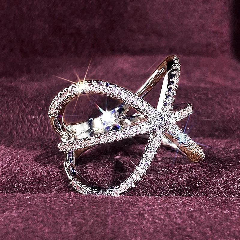 Huitan Chic Symmetrical Line Shiny Cubic Zirconia Rings for Women Fashion Gorgeous Finger Accessories Novel Party Daily