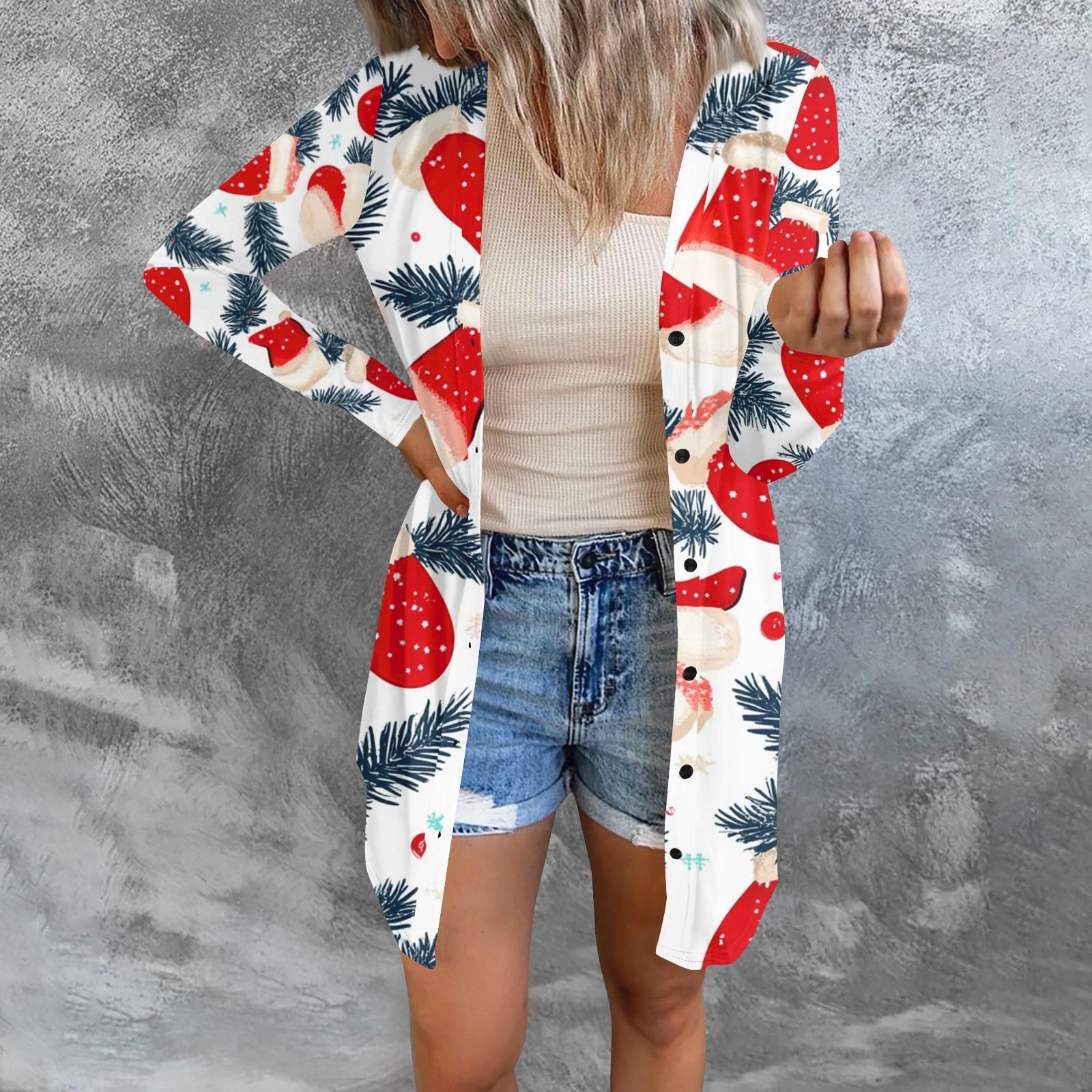 

Длинный рукав Женский ретро принтованный топ Легкий базовый свободный жакет Кардиган Повседневные рубашки Рождество XXXXL белый