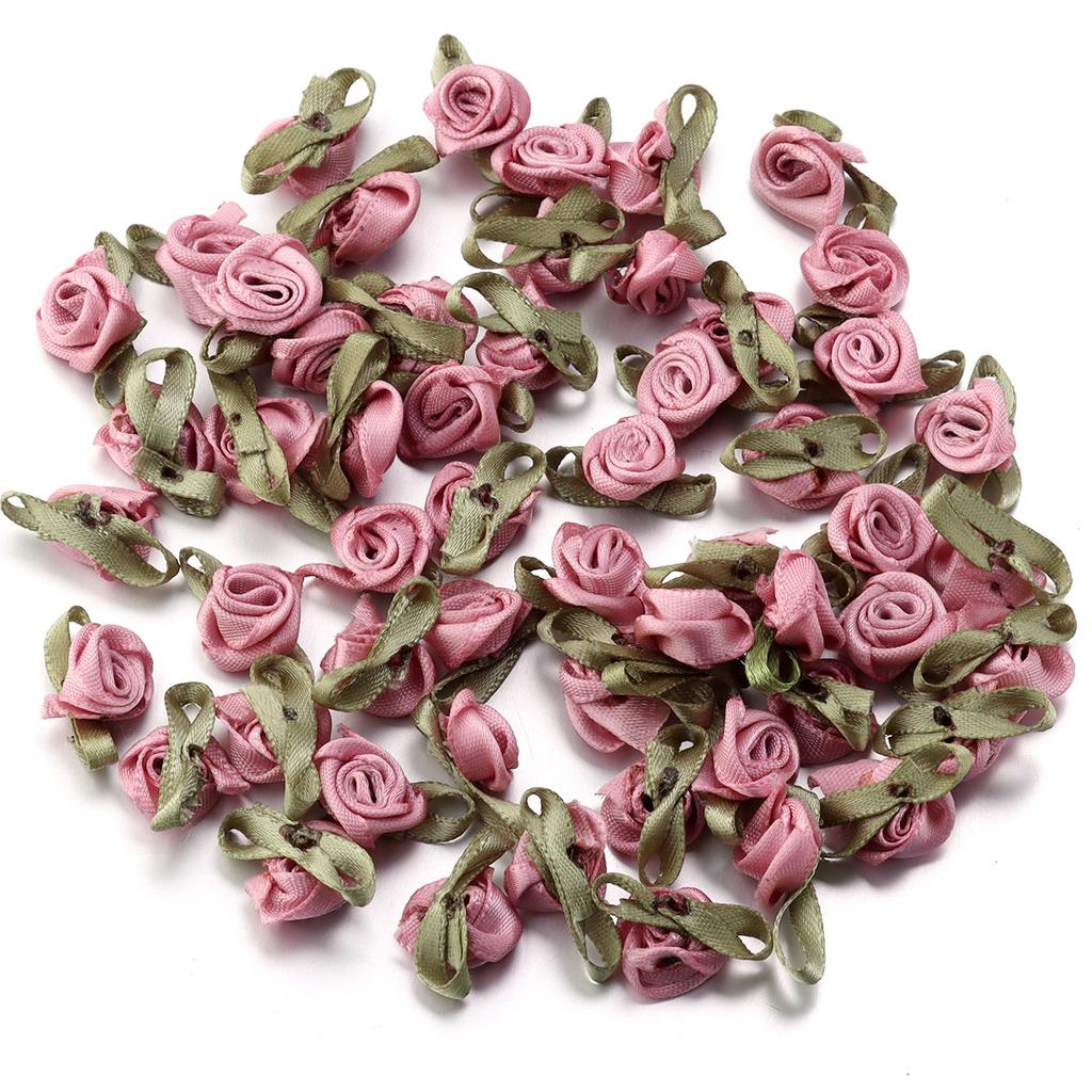 50 peças 1,5x2,5cm Mini Flor de Rosa Fita de Cetim de Poliéster Rosetas Apliques de Tecido Para Casamento Festa Roupa Costura Decoração