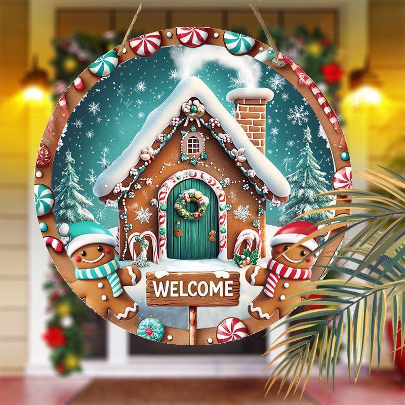 Christmas Gingerbread House Welcome Round Wooden Hanging Sign, 2D Flat Printed Wall Door Ornament, Xmas Home Holiday Decor Gift