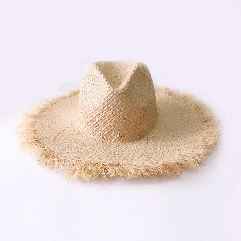 Fashion Handmade 100%natural Raffia Dame Top Big Brim Straw Hat Beach Girl Holiday Panama Sunscreen Breathable Sun Hat sale