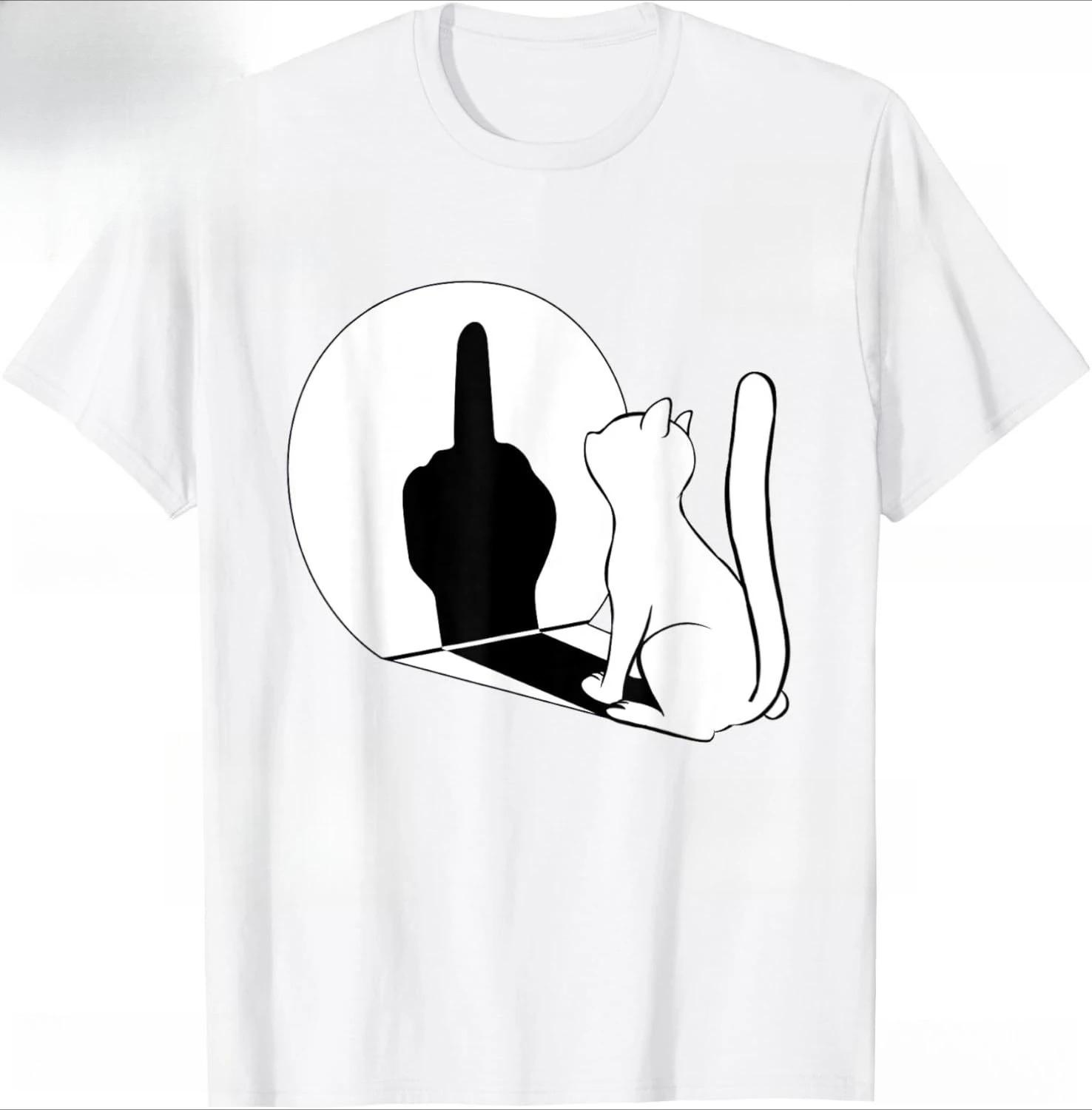 

Funny Middle Finger Cat Shadow Graphic T-Shirt, Unisex Casual Humor Cotton T-shirt XXXL