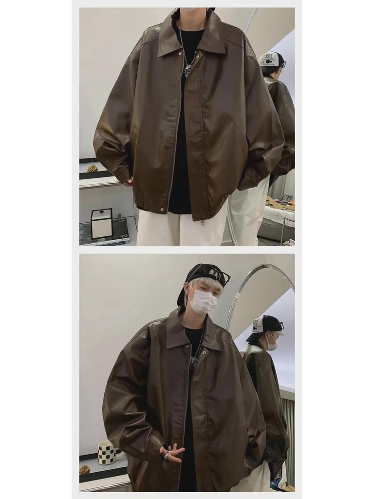 Unisex American Retro Brown PU Leather Motorcycle Jacket - 2024 Spring & Autumn Collection