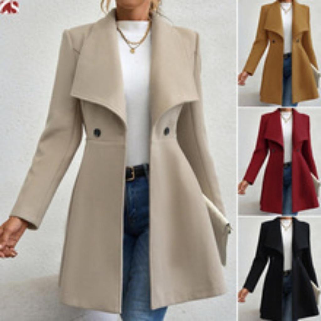 2025 New Women's Winter Lapel Slim Woolen Solid Color Fashion Coat for Europe and America