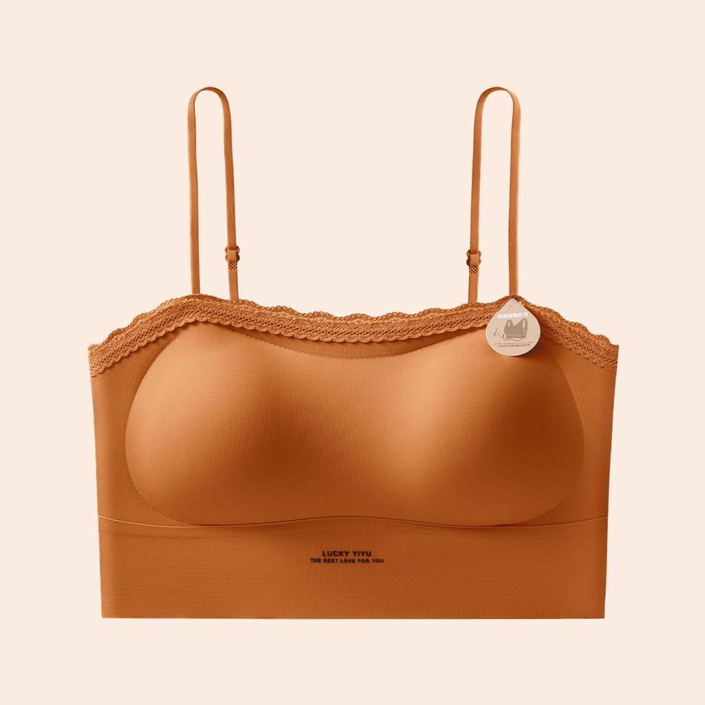 Summer Seamless Lace Trim Push-Up Bandeau Bra – Wire-Free, Strappy, Anti-Exposure, Sweet Beautiful Back Design.