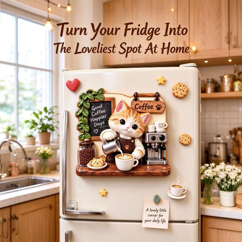 Cute 3D Embossed Cat Barista Fridge Magnet Strong Magnetic Back Vivid Details For Kitchen Decor Cat Lover Gifts