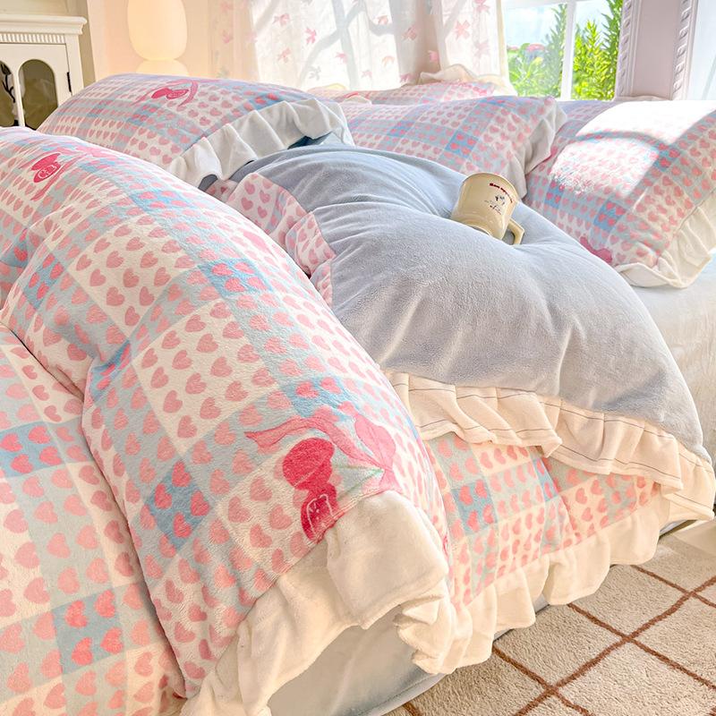Thickened Milk Fleece Four-Piece Set, Lace Coral Fleece Quilt Cover, Bedding Fleece Bed Sheet Three-Piece Set