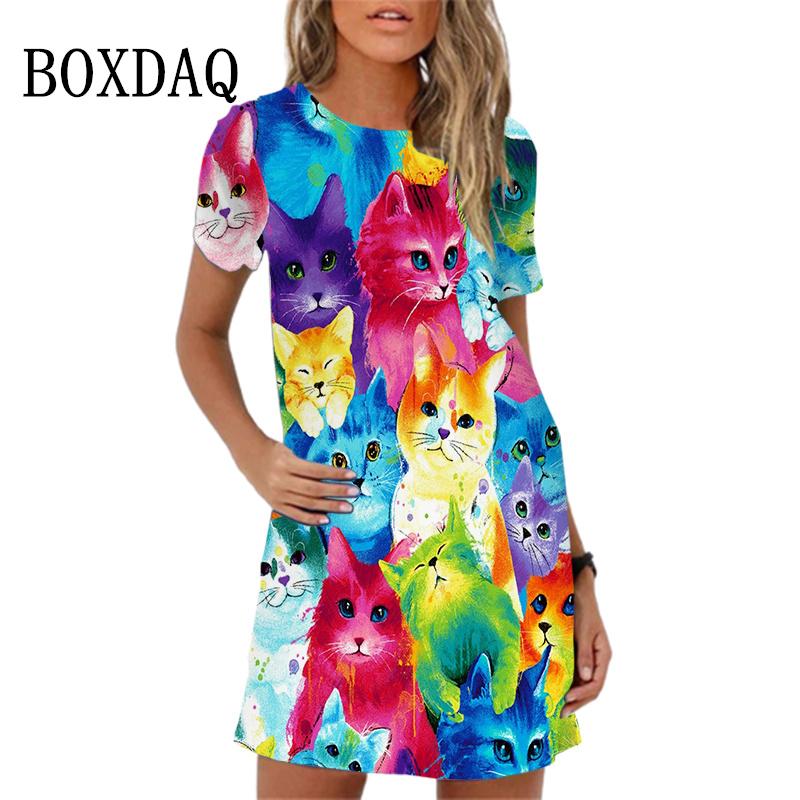 2026 Summer Women's Dress Funny Cat Print O-Neck Short Sleeve Loose Mini Dresses Casual Female Sweet A-Line Sundress Vestidos