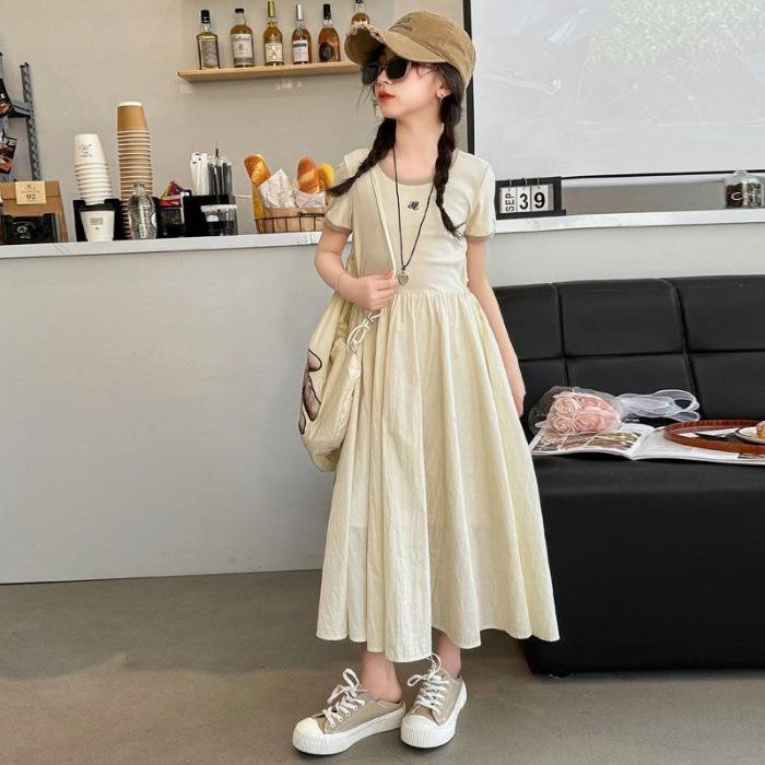 Girls Korean Solid Knee-Length Short Sleeve Dress Summer Casual Princess Dress 110