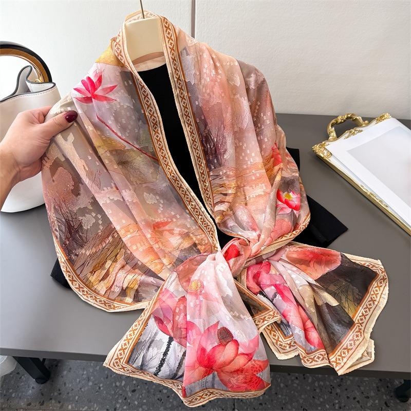 Literary style printing flower cutting spring and summer silk scarf large long scarf high sense travel shawl sun protection women's scarf headscarf