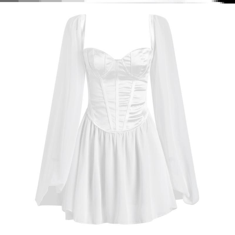 Internet Celebrity French Minority Retro Puff Sleeve Drawstring Slim-Fit Elegant Sexy High Waist Chiffon Women Dress