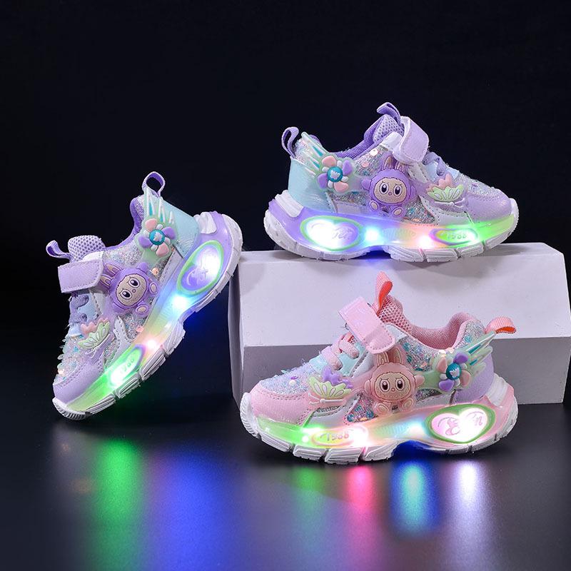 Glowing 2025 Spring/Autumn Light-Up Velcro Sports Shoes for Girls - Cartoon Design and Running Comfort