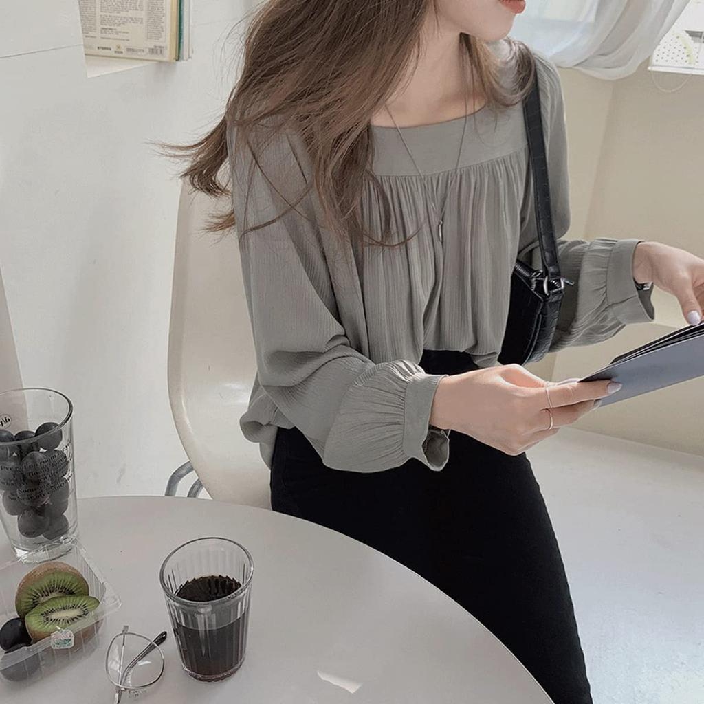 [SYitong] Flowy Chiffon Long-Sleeve Shirt Top for Women, Lightweight, Korean Style, Cute, Spring/Autumn, Square Neck, Office, Commuting, School, Casua