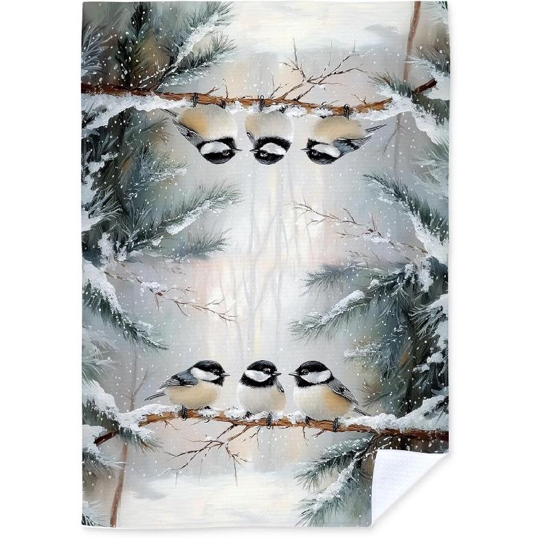 Winter Chickadee Bird Kitchen Towels, Bird Lovers Gifts for Women Men, Rustic Cottagecore Birds Decorative Hand Towels for Bathroom, Winter Kitchen
