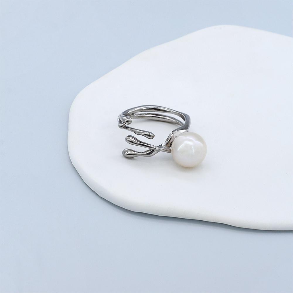 Premium AAAA Natural Freshwater Round Pearl Ring 925 Silver Zircon Fashionable Tree Branch Design Elegant Jewelry
