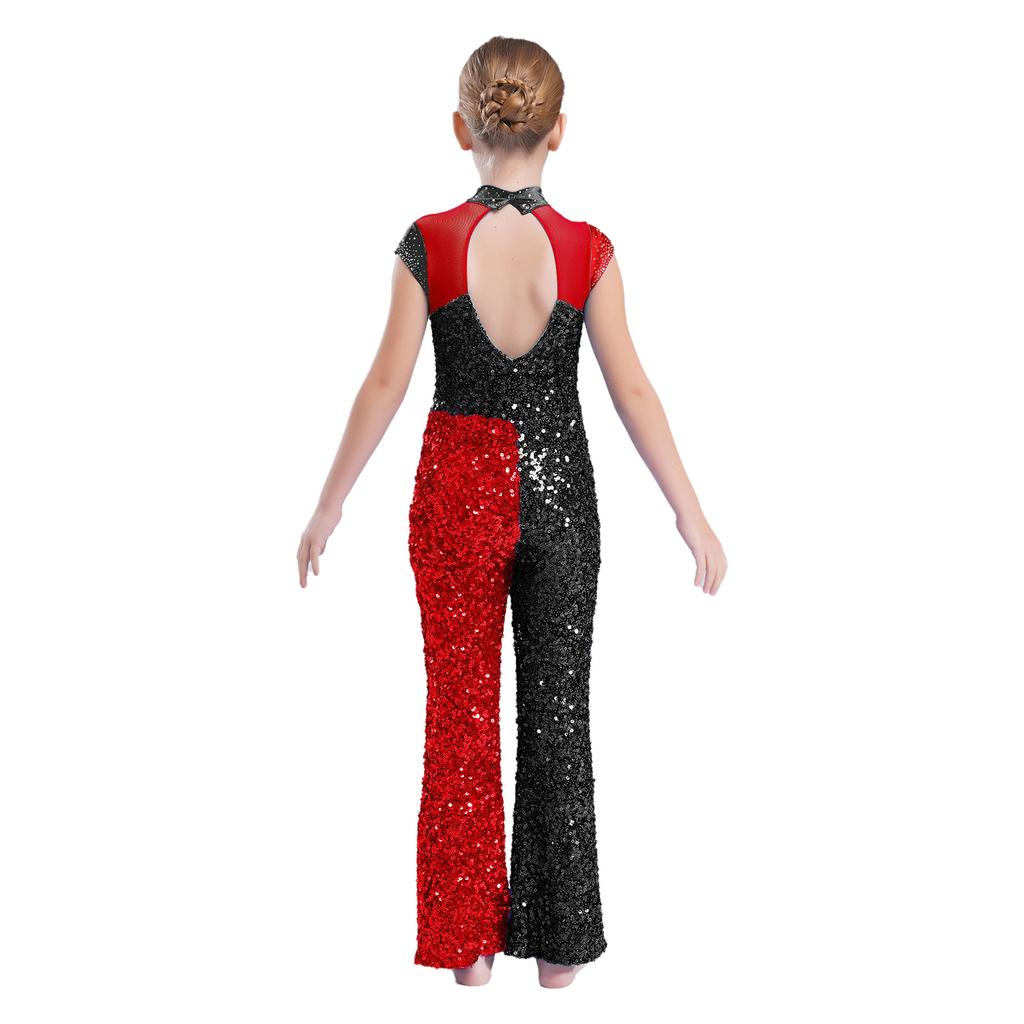 Mädchen Jazz Jumpsuit Ärmellos Mock Neck Keyhole Rücken Design Glitzernder Farbblock Pailletten Bühnenkostüm