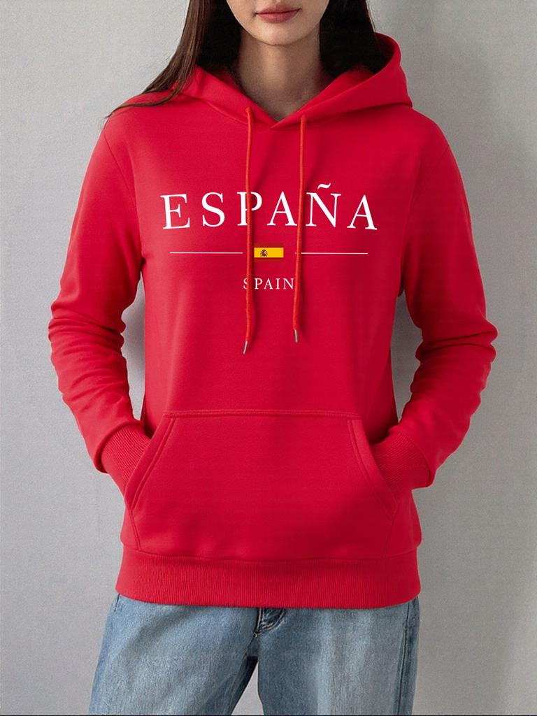 España Spain Flag Printing Hoodies Women Winter Fleece Warm Sweatshirt Basics Pocket Pullover Comfortable Loose Womans Clothes