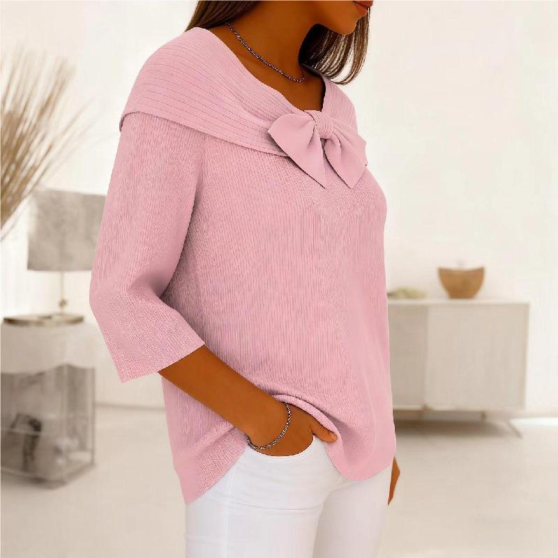 2025 Autumn/Winter Solid Color Bow Knit Sweater - Versatile Casual Women's Fashion