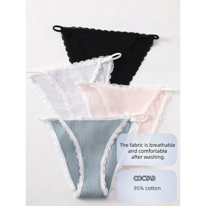 4pcs Women s Summer Sexy Lace Trim Thread Cotton Comfortable Breathable Low Waist Thong Underwear S