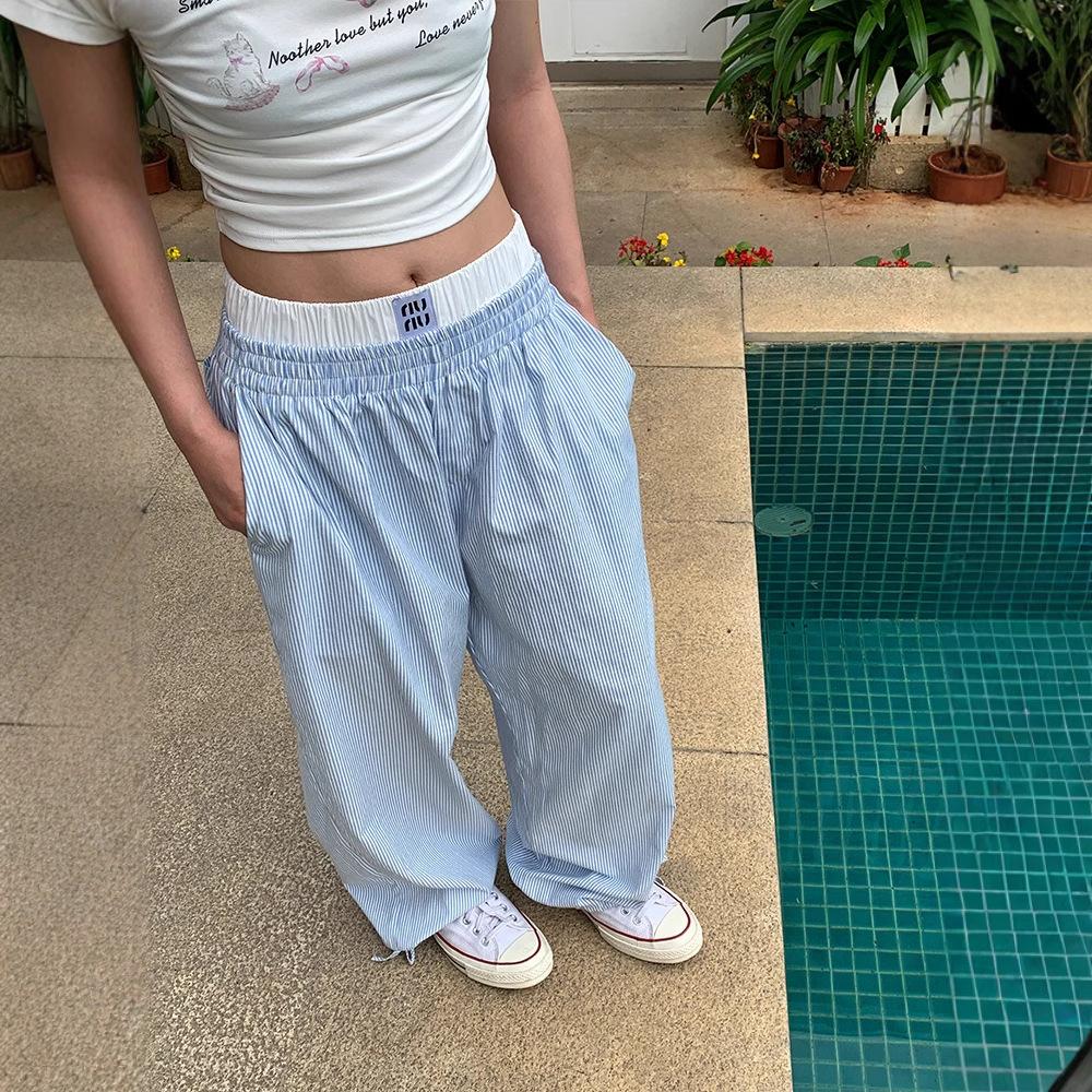 Pantalon rayé deux pièces imitation pour hommes et femmes Été Nouveau Décontracté Jambe large Slim Jambe droite