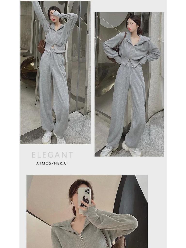 Completo Due Pezzi da Donna Cardigan con Zip Dimagrante e Pantaloni a Gamba Larga per Primavera e Autunno