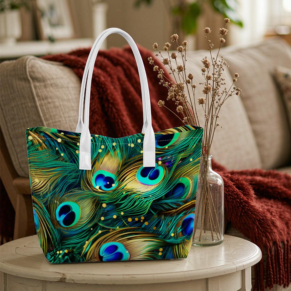 Elegant Peacock Feather Print Tote Bag Fashion Large Capacity Daily Carry Handbag for Women Casual Outdoor Shopper Bag