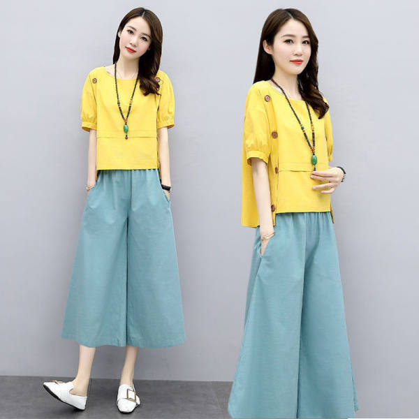 Summer Loose-Fit Slimming Women's Clothing Set Short Sleeves Fashionable Stylish Age-Reducing Bell Bottoms Suit