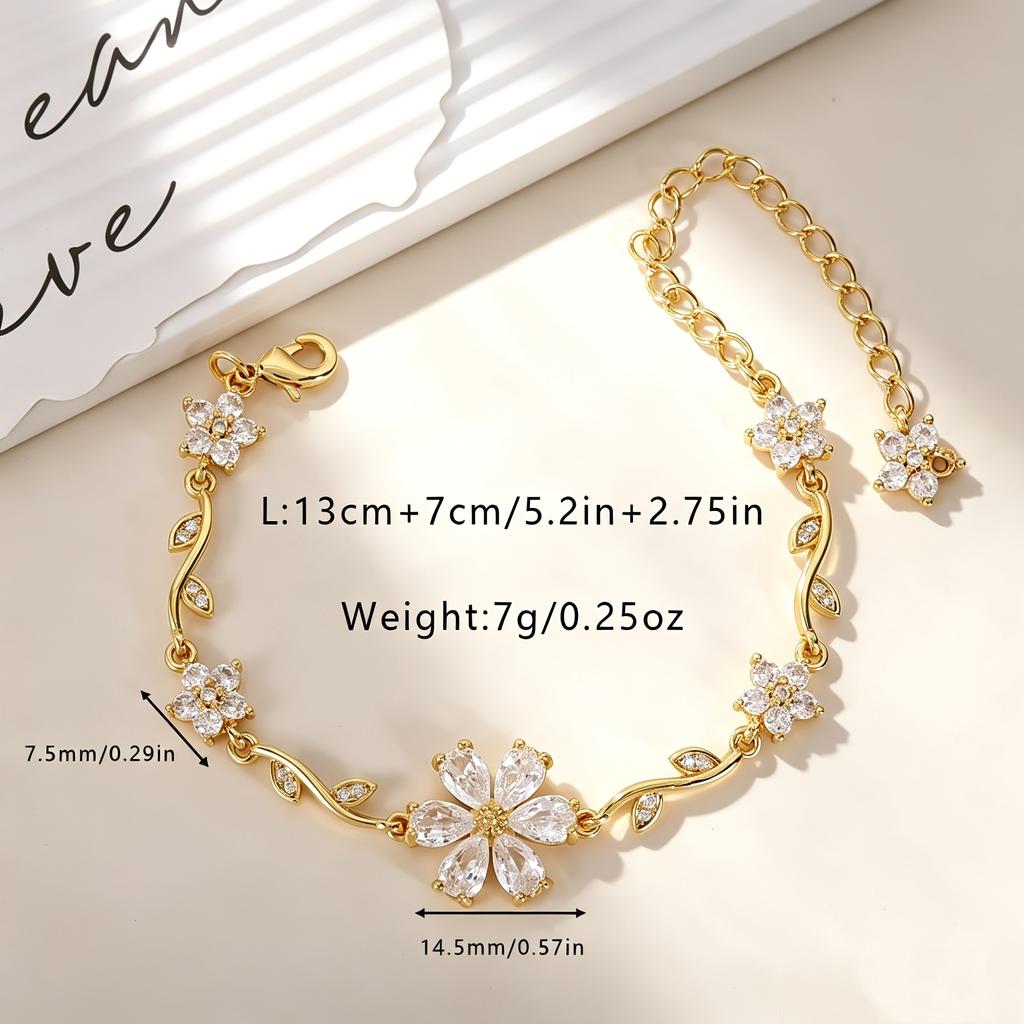1 Elegant Six-petal Flower Zircon Vine Adjustable Bracelet for Women, Exquisite Jewelry Shiny and Fresh Design Suitable for Daily Commuting, Beach
