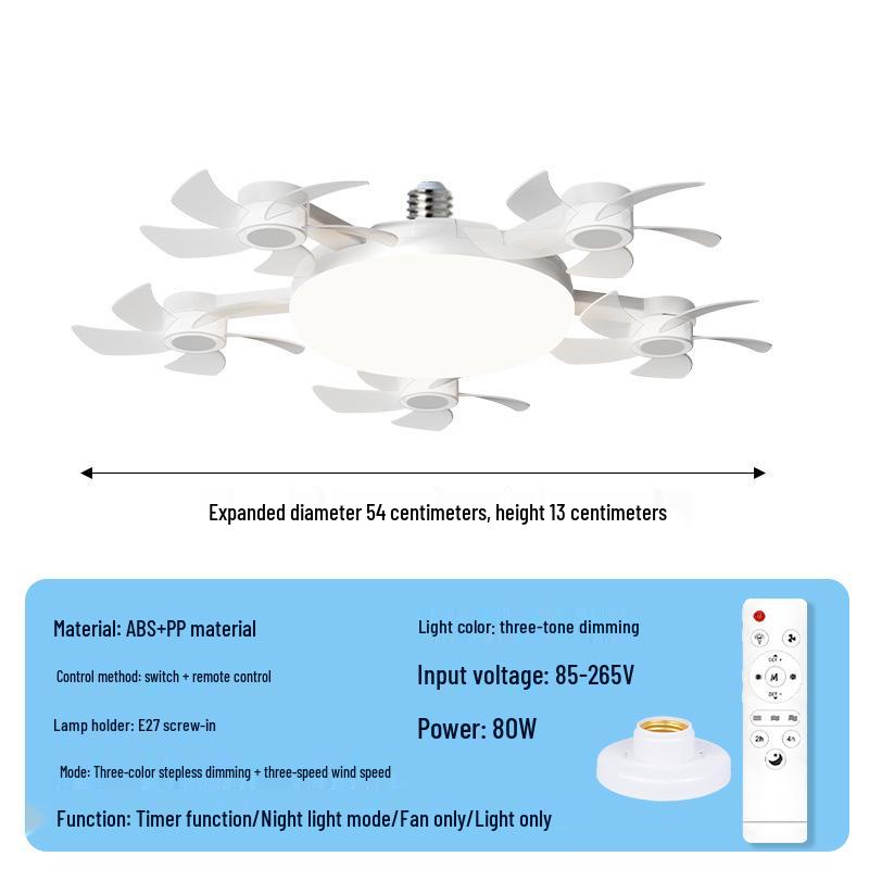 LED Fan Light E27 Base: Silent, Multi-Functional 5-Head Drone Model for Living Room & Bedroom