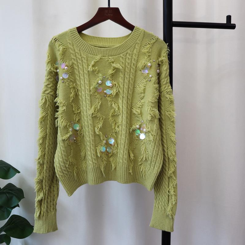 

Короткий вязаный свитер с дизайном из пайеток и кисточек, новинка осени и зимы, мягкий, восковой, нежный, ветрозащитный, пуловер для женщин one size fits all зелёный
