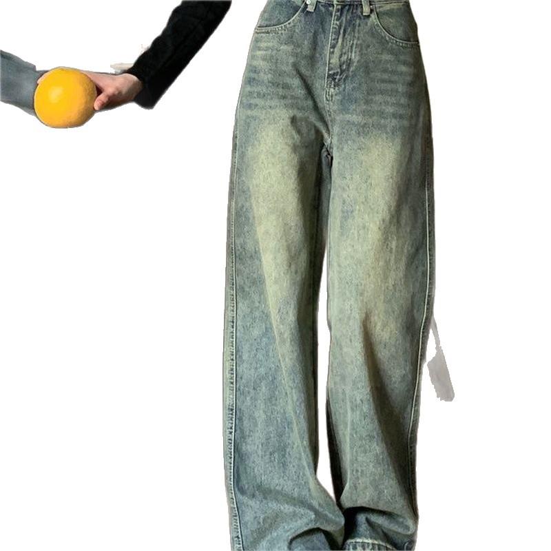 Women's High-Waisted Retro Washed Denim Jeans, Winter Slimming Wide-Leg, Plus Velvet, Floor-Length Straight Pants