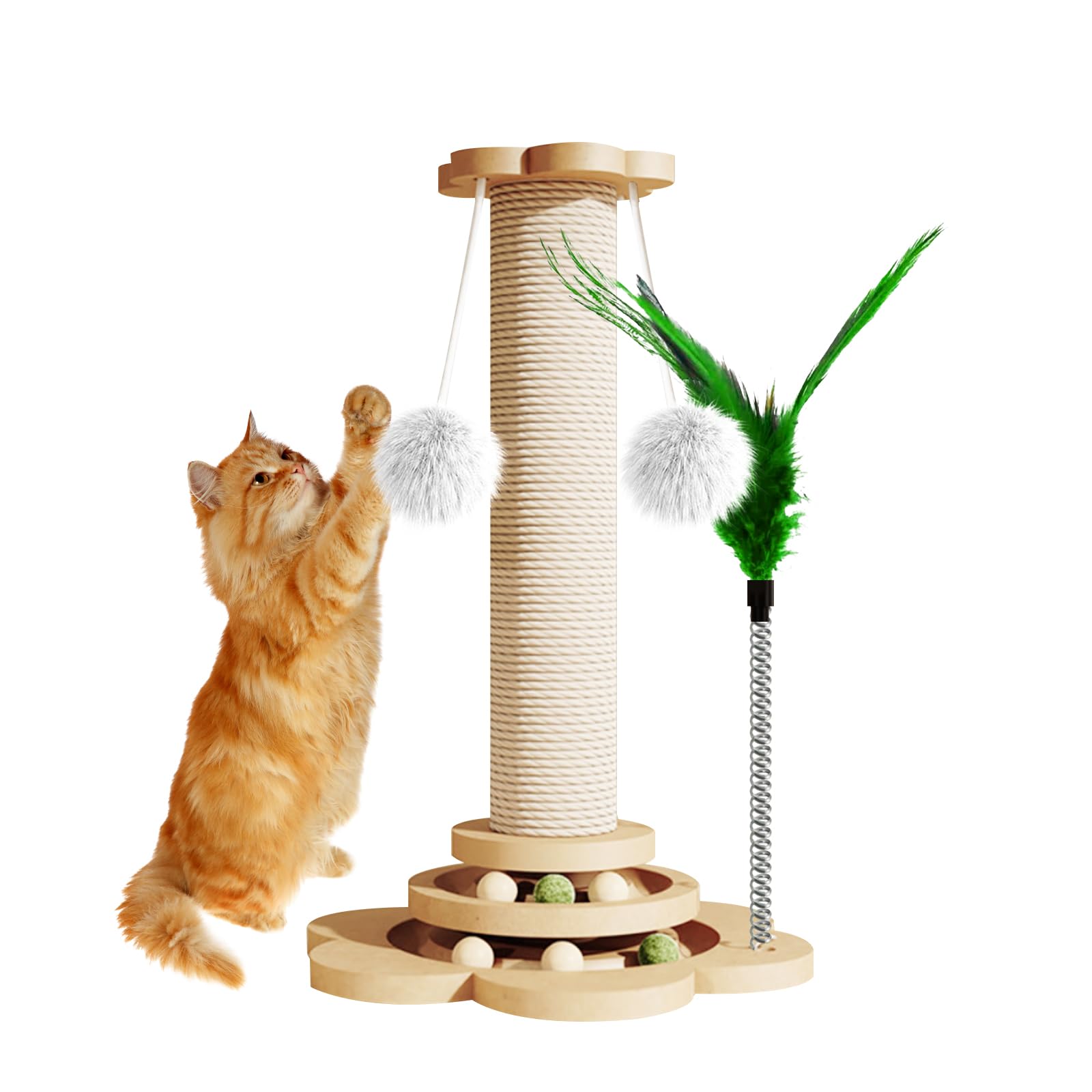 

siawadeky Cat Scratching Rotating Natural Wood Grain Stress Exercise Cute Cat Purring Hanging Toy with Wings Pole, Flower-Shaped, Ball, Wooden, Hemp,