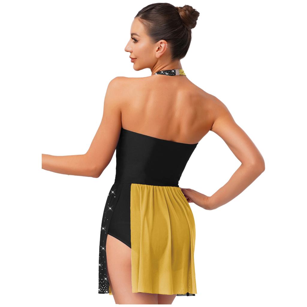 Drakter for kunstløp for kvinner Glitrende rhinesteiner Uregelmessig kant Ett stykke bodysuitkjole Ballett Latindansk kostyme