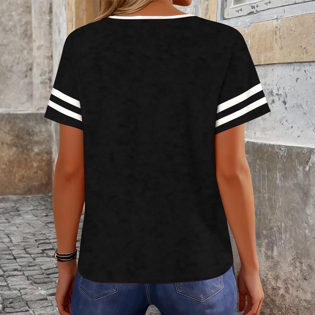 Women's Fashion V-neck Contrast Short Sleeve T-shirt Top