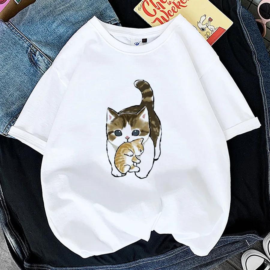 Tops Woman 2024 T Shirt Kawaii Cat Shark Print T-shirt Summer Korean Harajuku Fashion Short Sleeve Tee Funny Animal Graphic Tee